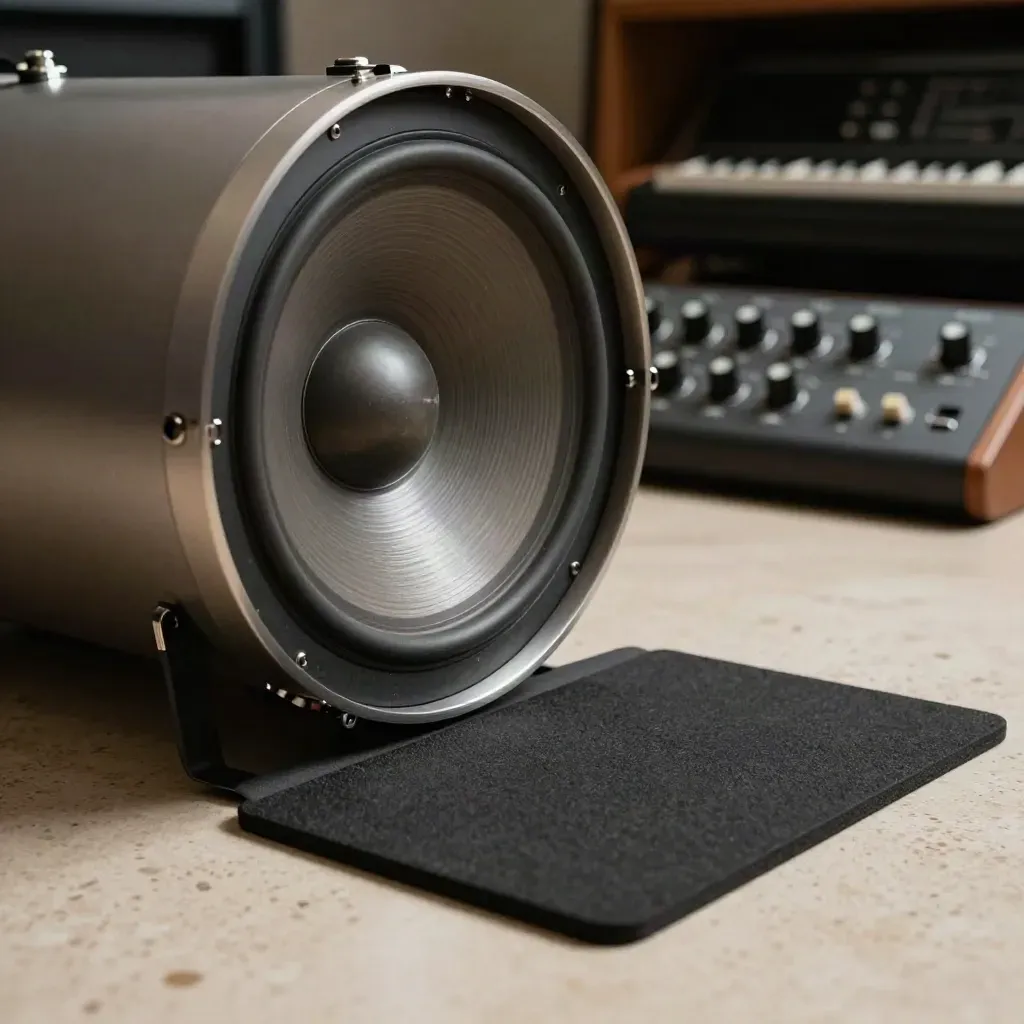 Sub-bass cone vibrating beside a bass synth module on a travertine floor, studio rack behind