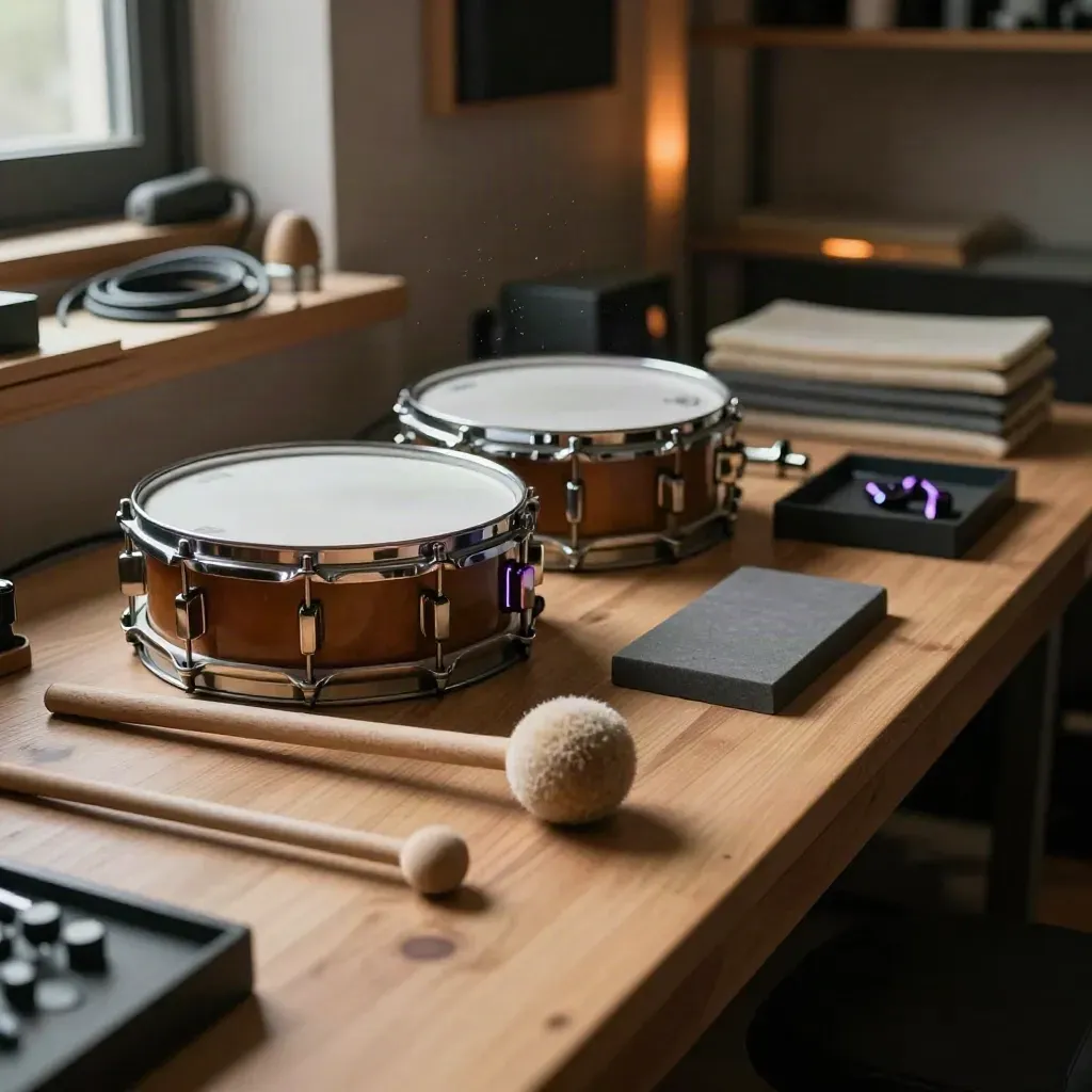 Drum hardware and percussion pieces arranged diagonally on a warm workbench in a cozy studio
