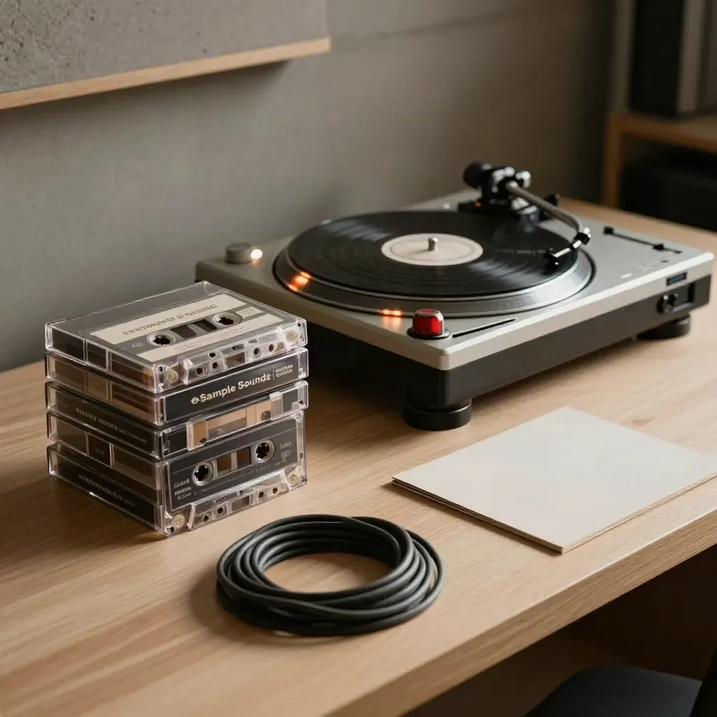 Cassette stack, tape deck and test pressing on a warm studio bench in layered editorial light.