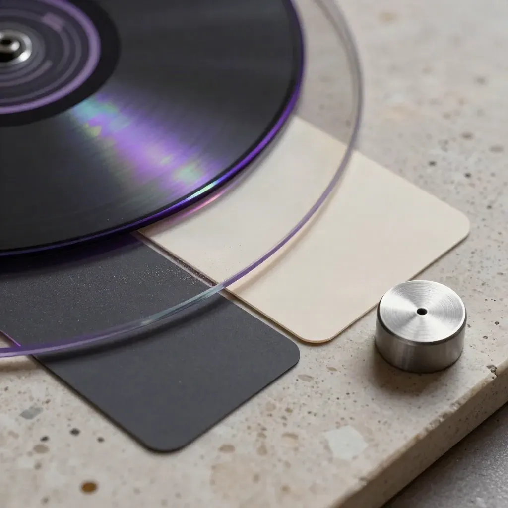 Macro still life of colour swatches, acetate overlays, speaker mesh and aluminium on travertine.