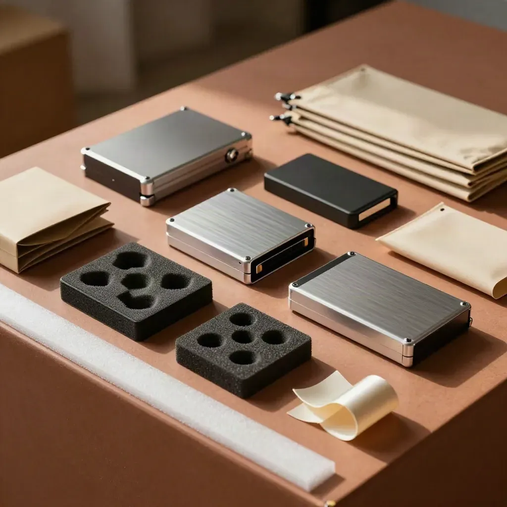 Sealed export drives and adapter cases with foam inserts on a terracotta packing bench
